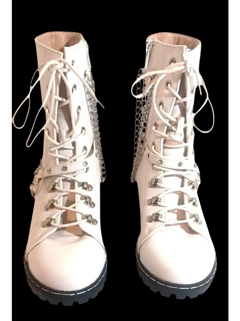 Women's Alexa-1 White Combat Boots Chain Accent Lace-Up zipper Ankle Boots Sz 7